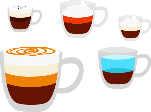 Illustrations of various types of coffee